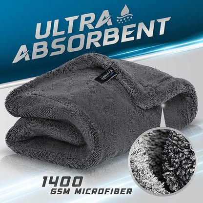 Car Drying Towel 24"x36" 1400GSM Edgeless Microfiber Towel, Ultra-Absorbent Auto Detailing Towel with Twisted-Loop Fiber Design, Streak Free, Lint Free Drying for Cars, SUVs, & Trucks