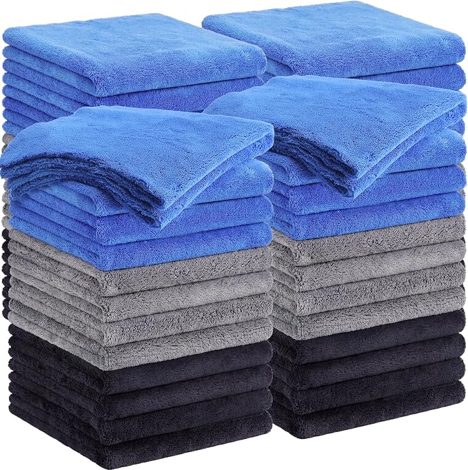 Shimeyao 20 Pcs 16 x 16 Inch Edgeless Microfiber Plush Towels for Cars Detailing Drying Wash Polishing Absorbent Cleaning Cloths, 500 GSM (Blue, Black, Gray)