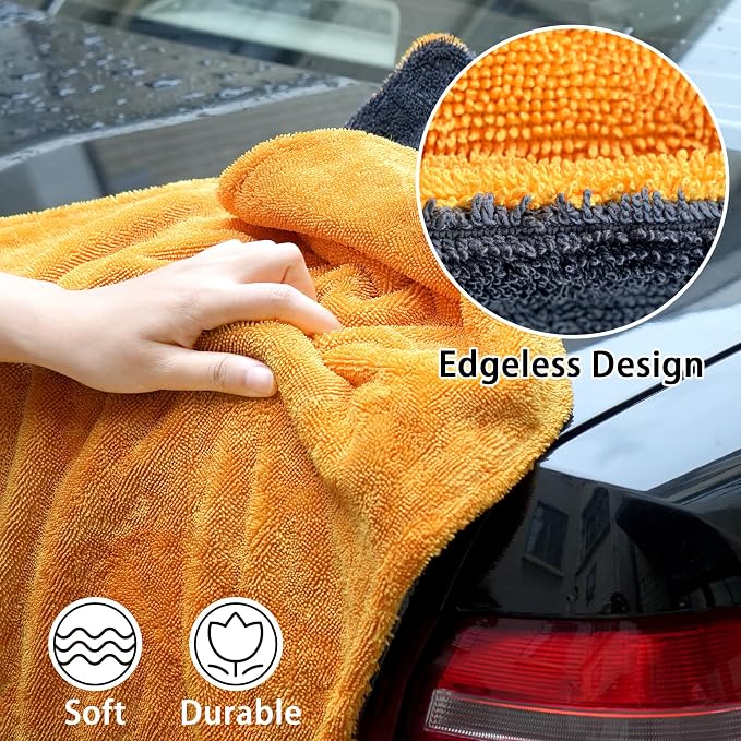 LIVOS 1000GSM Car Drying Towel, 18" x 24" Dual Sided Microfiber Towels for Cars, Ultra Absorbent Lint & Scratch-Free, Edgeless Twisted-Loop, Premium Wash Towel, Yellow&Grey