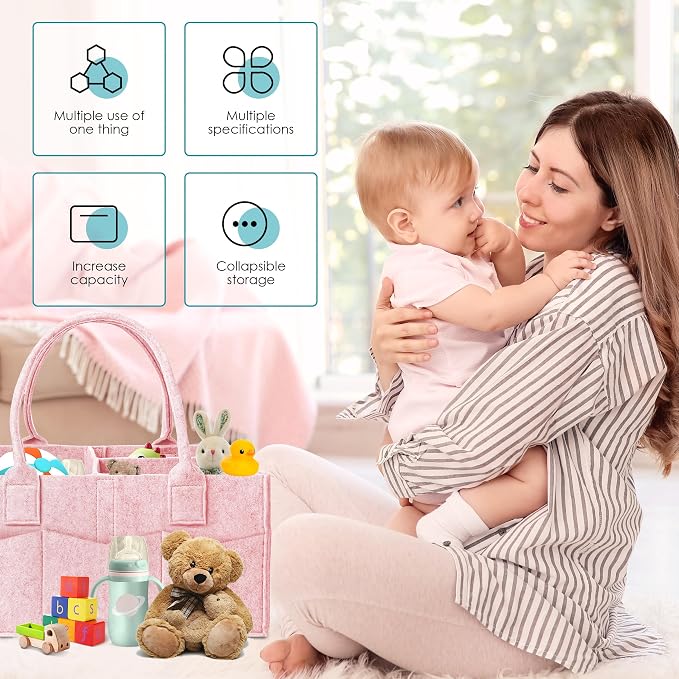 Cute Castle 2 Pack Diaper Caddy Organizer - Portable Baby Caddy Organizer with Handle, Nursery Storage Bin and Car Organizer for Girls, Boys - Baby Gift Basket - Pink, Large
