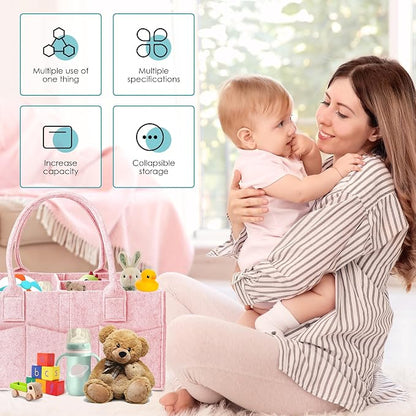 Cute Castle 2 Pack Diaper Caddy Organizer - Portable Baby Caddy Organizer with Handle, Nursery Storage Bin and Car Organizer for Girls, Boys - Baby Gift Basket - Pink, Large