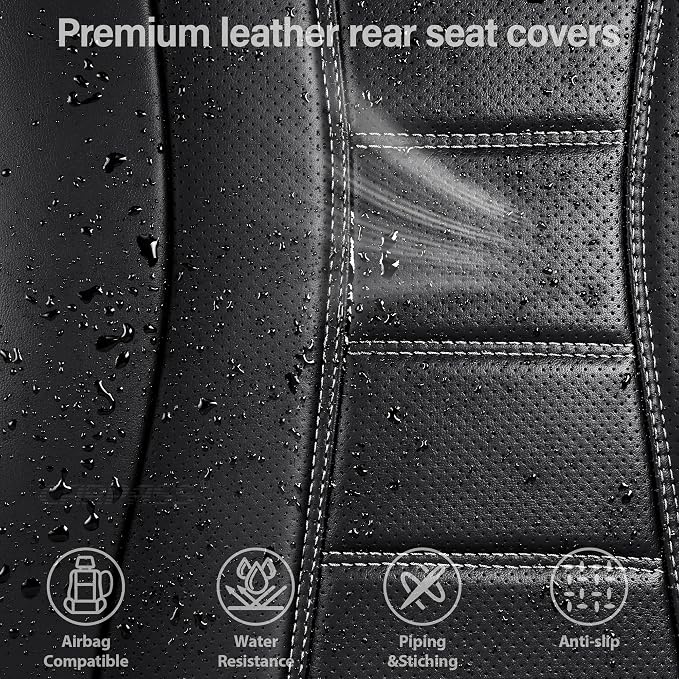 CAR PASS Nappa Leather Back Seat Covers, Universal FIT Piping Leather Rear Seat Cover for Cars,Sedan,SUV,Truck 3D Foam Waterproof Breathable Luxury Seat Covers, Comfort Durable Airbag Compatible Black