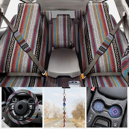 Frienda 14 Pcs Baja Car Seat Covers Full Set Multicolor Stripe Boho Print Steering Wheel Cover Seat Belt Cover Crystal Hanging Ornament Car Holders Fits (Stripe Style)