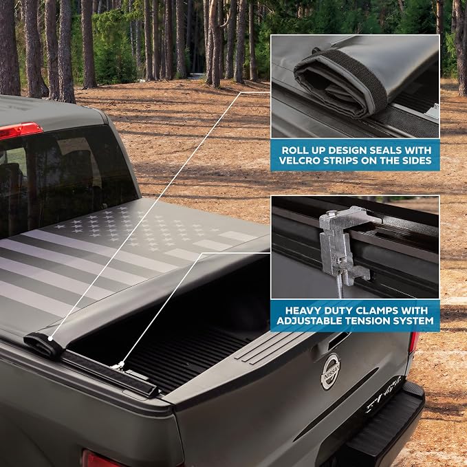 US Flag Truck Tonneau Cover for Nissan Frontier 2005-2026 5 ft Bed Length (Extra Short Bed), Soft Roll-Up All-Weather Retractable Truck Bed Cover with Black/Gray Flag