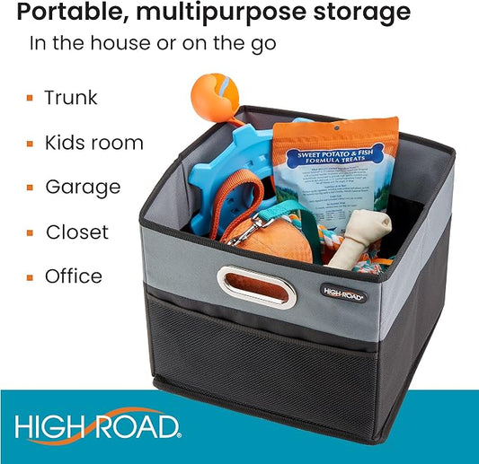 High Road CargoCube Car Storage Bin - Leakproof Car Trunk Storage Organizer with Metal Handles and Front Mesh Pocket (Square)