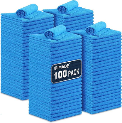 UNIMADE Shop Towels, 100 Pack Commercial Grade Work Rags Microfiber Towels for Cars Cleaning Rags Bulk Detailing Cloth for Automotive Bar Mechanic Restaurant Garage Housekeeping, 11.5"x 11.5", Blue