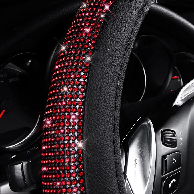 CAR PASS Red Diamond Black Leather Steering Wheel Cover, with Bling Crystal Rhinestones Universal Fit 14" 1/2-15" Crystal Glitter for Women Sparkle Girl Fit Suvs,Vans,Sedans,Cars,Trucks, Red Diamond