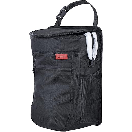 Lusso Gear Car Trash Can - 2.5-Gallon, Black, Round - Leak-Proof & Spill-Proof Lid & Waterproof Removable Liner - Hanging Car Trash Bin & Organizer for SUV, Truck & Minivan