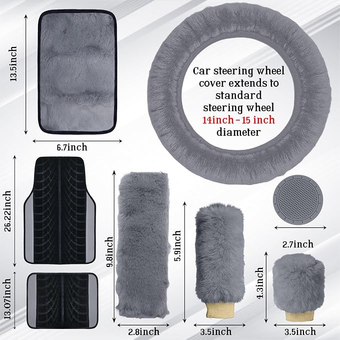 Car Seat Cover Full Set for Women with Floor Mats,3D Air Mesh Car Seat Cover with 5mm Composite Sponge Inside,Universal Fluffy Steering Wheel Cover, Accessories Full (Grey)