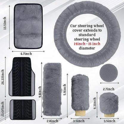 Car Seat Cover Full Set for Women with Floor Mats,3D Air Mesh Car Seat Cover with 5mm Composite Sponge Inside,Universal Fluffy Steering Wheel Cover, Accessories Full (Grey)