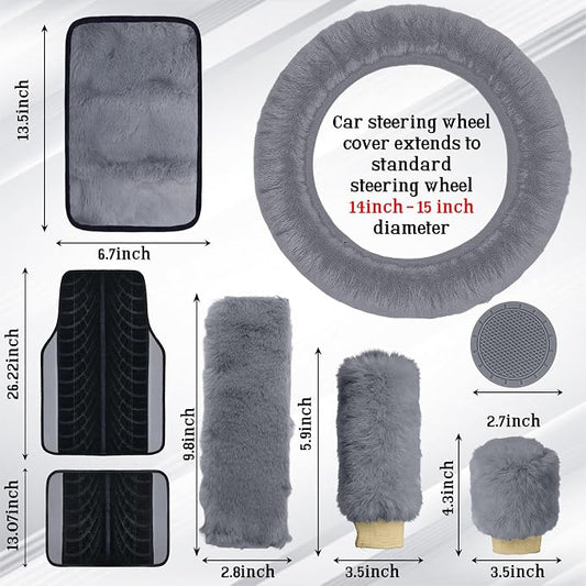 Car Seat Cover Full Set for Women with Floor Mats,3D Air Mesh Car Seat Cover with 5mm Composite Sponge Inside,Universal Fluffy Steering Wheel Cover, Accessories Full (Grey)
