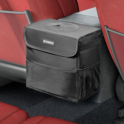 Ryhpez Car Trash Can with Lid - Car Accessories for Women Men, Vehicle Trash Bin Storage Bag, Truck Garbage Can Foldable with Metal Rack Support for Back Seat Hanging (2.4 Gallon/9L)