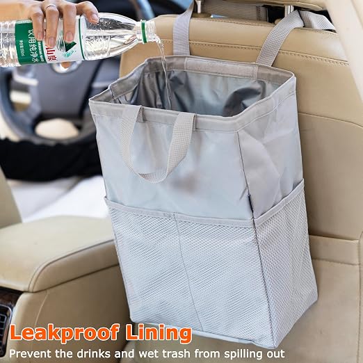 Ginsco New Leak-Proof Travel Car Trash Bag, 3.5 Gallons Large Capacity Hanging Car Trash Can with Hook and Loop Lid and Handle, Multipurpose Trash Bin with Storage Pockets for SUV RV, Atomic Silver