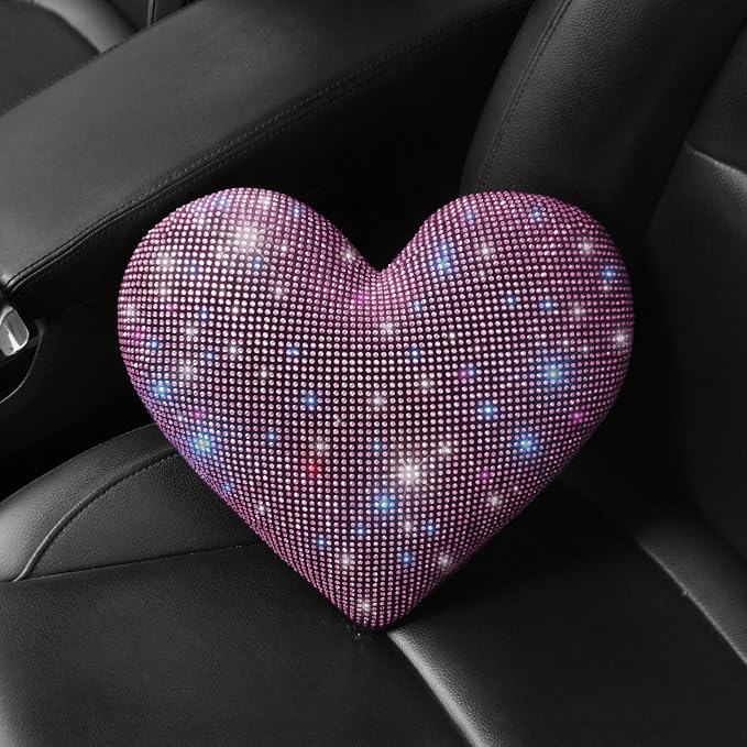 Bling Head Rest Pillows for Car Automobile Accessories for Women, Girls and Ladies Car Pillows with Sparkly Rhinestone Headrest Support Neck Support Relax Travel Universal Fit Pink 2 Pieces
