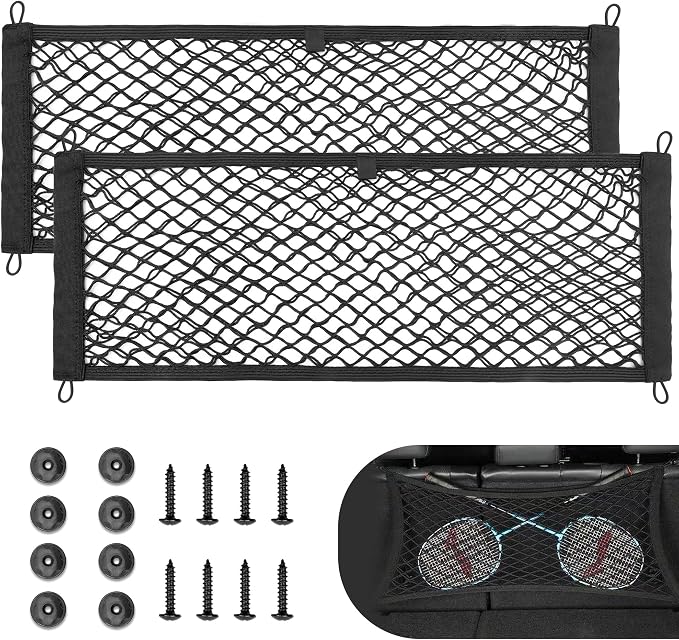 RED WOLF 2 Pcs Universal Cargo Net Pocket Elastic Mesh Netting Car Mesh Pouch for Trunk RV Boats Home Cargo Storage Mesh with Screws and Hooks (25.6'' x 9.8'')