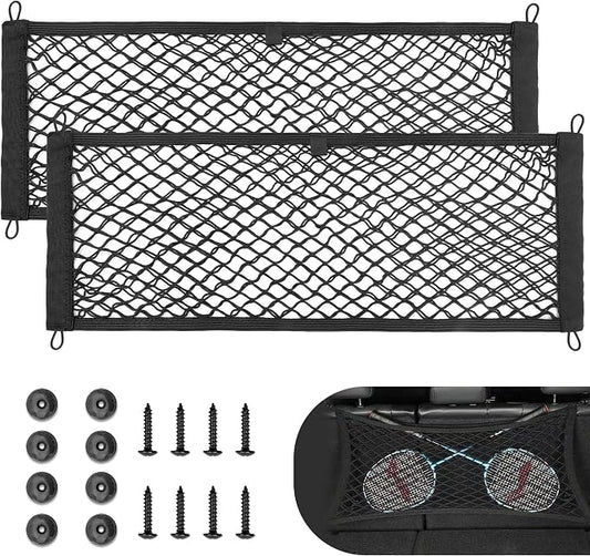 RED WOLF 2 Pcs Universal Cargo Net Pocket Elastic Mesh Netting Car Mesh Pouch for Trunk RV Boats Home Cargo Storage Mesh with Screws and Hooks (25.6'' x 9.8'')