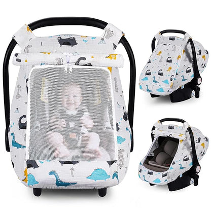 Rquite Car Seat Cover Baby, Carseat Covers Girl Boy, Breathable Muslin Cotton, Large Mesh Window, Infant Car Seat Canopy Baby Carrier Cover Stroller Sun Shade for Summer & Hot Day