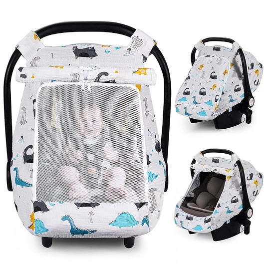 Rquite Car Seat Cover Baby, Carseat Covers Girl Boy, Breathable Muslin Cotton, Large Mesh Window, Infant Car Seat Canopy Baby Carrier Cover Stroller Sun Shade for Summer & Hot Day