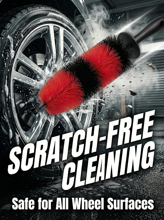 TAKAVU Master Wheel Tire Brush, Easy Reach Wheel and Rim Detailing Brush Long Soft Bristle, Car Tire Brush, Wheel Scrub Brush, Multipurpose use for Wheels Rims Exhaust Tips Motorcycles (Red)