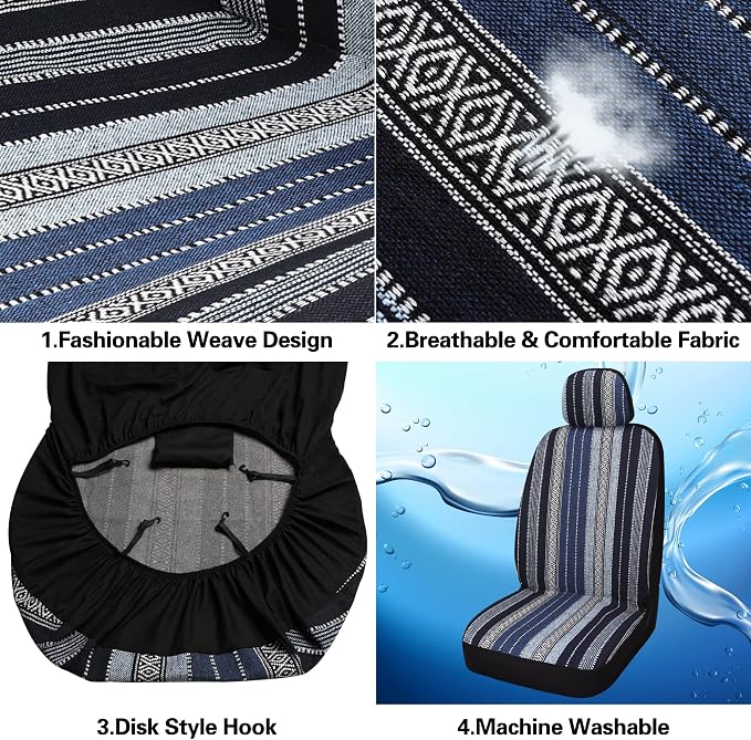 HAIYAOTIMES Baja Saddle Blanket Car Seat Covers Full Set with Seat Belt Pads, Washable Breathable Seat Covers for Cars, Universal Fit Interior Covers for Most Sedan Truck SUV, Airbag Compatible, Blue
