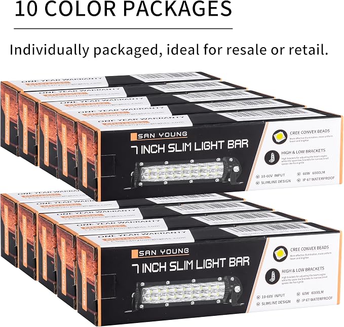 San-Young Slim 7 Inch LED Light Bars, 12V-60V Off Road Driving Truck LED Bar Lights 60W 6000lm Combo Off Road Lights, Waterproof Small Light Pods for ATV UTV RV Lawn Mower Golf Cart Boat, 10 Pack
