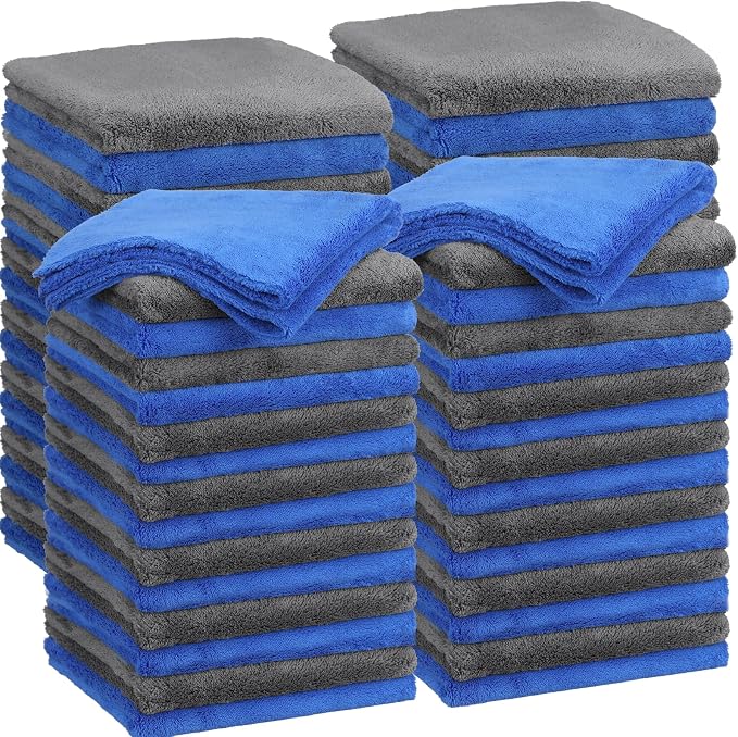 Shimeyao 30 Pcs 16 x 16 Inch Edgeless Microfiber Plush Towels for Cars Detailing Drying Wash Polishing Absorbent Cleaning Cloths, 500 GSM (Blue, Gray)