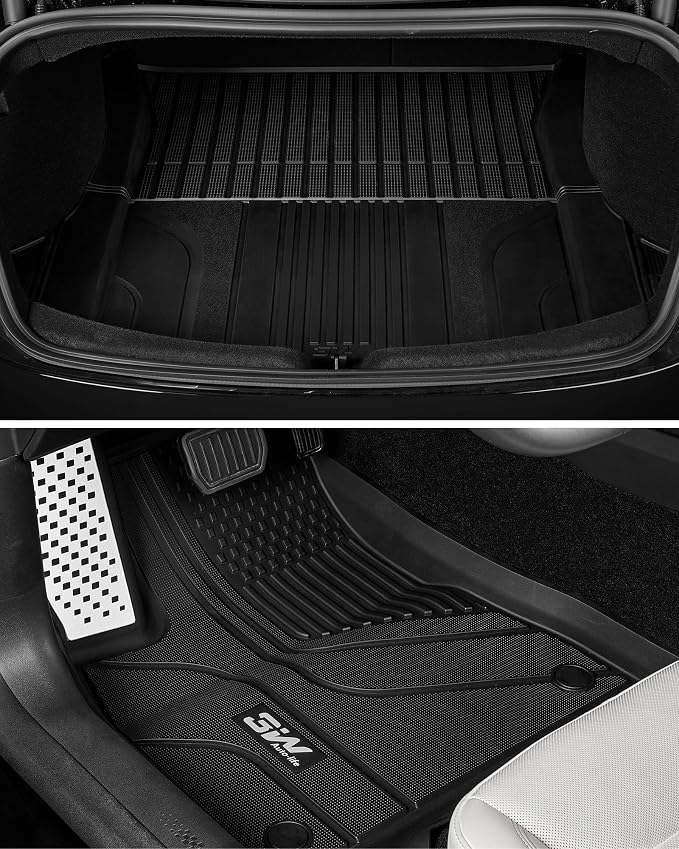 3W Tesla Model 3 Floor Mats 2026 2025 2024 with Metal Pedal, Full Set with Cargo Liner, Highland All Weather Custom Fit Rear Trunk Mat Accessories Black