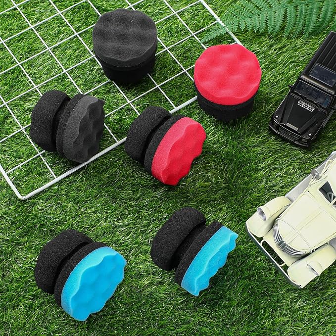 6 Pcs Tire Hex Grip Dressing Applicator Washable Tire Shine Applicator Dressing Pad Car Detailing Foam Sponge Reusable Tire Cleaner Sponge for No Slip Tire (Black, Red, Blue, 3.15 Inch Diameter)