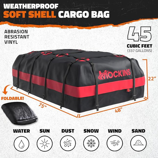 Mockins 45 Cu Ft XL Waterproof Rooftop Cargo Bag 75"x48"x22" | Car Roof Cargo Carrier Bag for Use with or without Roof Rack | Vehicle Soft-shell Carriers w/ Mat, Lock, Hooks, Straps & Case