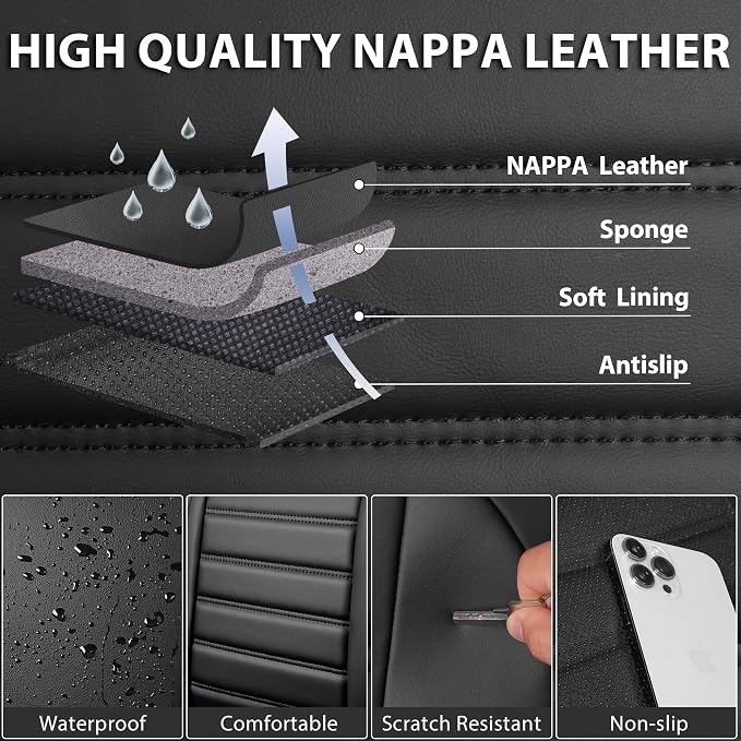 CAR PASS Nappa Leather Car Seat Covers Front Seats, Luxury Seat Protector for Cars, Waterproof Anti-Slip Seat Cushion Airbag Compatible Universal for Sedan SUV Pick-up Truck Automotive Vehicle, Black