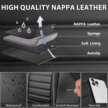 CAR PASS Nappa Leather Car Seat Covers Front Seats, Luxury Seat Protector for Cars, Waterproof Anti-Slip Seat Cushion Airbag Compatible Universal for Sedan SUV Pick-up Truck Automotive Vehicle, Black