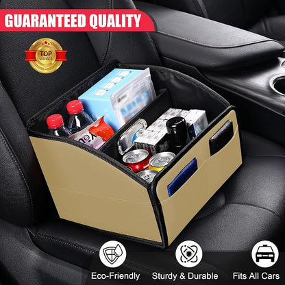 Car Storage Organizer [2025 UPDATED] Leather Car Caddy Basket for Front Seat Floor Back Seats Metal Handle 6 Compartments Adjustable Strap Buckles Slip-Resistant (Beige)