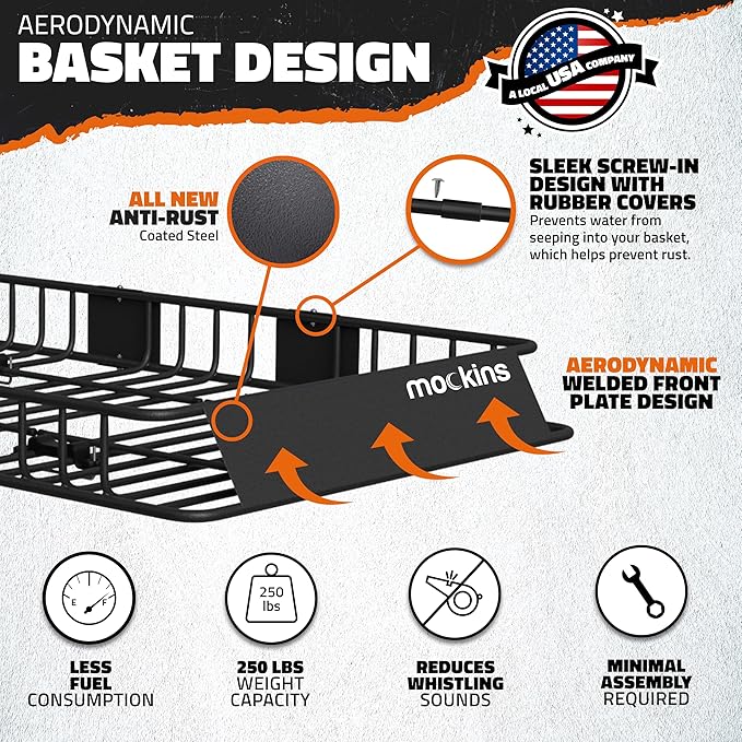 Mockins 64"x39"x6" Extendable Heavy Duty Roof Rack Basket & 16 Cu Ft Waterproof Cargo Bag for Top of Car | 250 Lbs Capacity Steel Rooftop Cargo Carrier for Top of Vehicle with Roof Basket Accessories