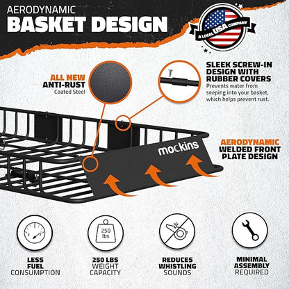 Mockins 64"x39"x6" Extendable Heavy Duty Roof Rack Basket & 16 Cu Ft Waterproof Cargo Bag for Top of Car | 250 Lbs Capacity Steel Rooftop Cargo Carrier for Top of Vehicle with Roof Basket Accessories