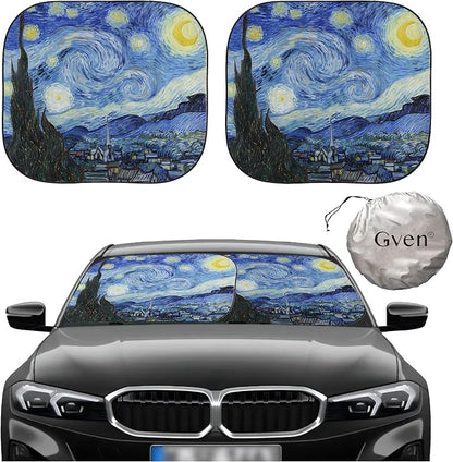 Gven Windshield Sun Shade for Car 2-Piece Foldable Sunshade for Front Windows, Blocks UV Rays, Automotive Interior Sun Protection Car Summer Accessories（Starry Night,M）