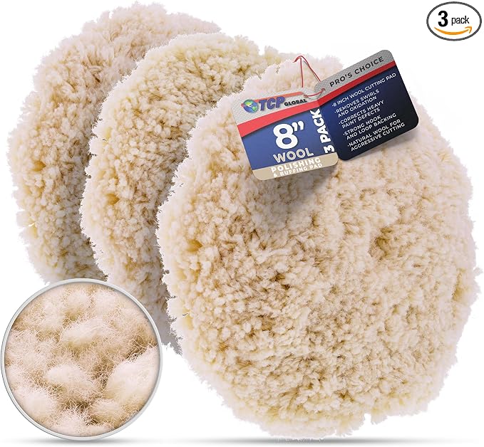 TCP Global 8" 100% Wool Polishing & Buffing Pad (3 Pack) with Hook and Loop Backing - Wool Buffing Pad for Automotive, Marine, Truck, RV & Compound Cutting