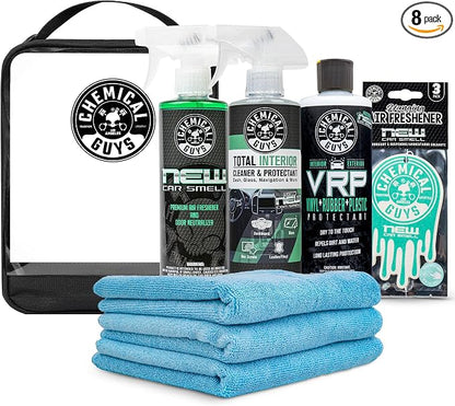 Chemical Guys New Car Scent Detailing Kit with Storage Bag, Air Freshener Spray, Interior Cleaner, Microfiber Towels, and Hanging Air Fresheners, Giftable Car Care Set