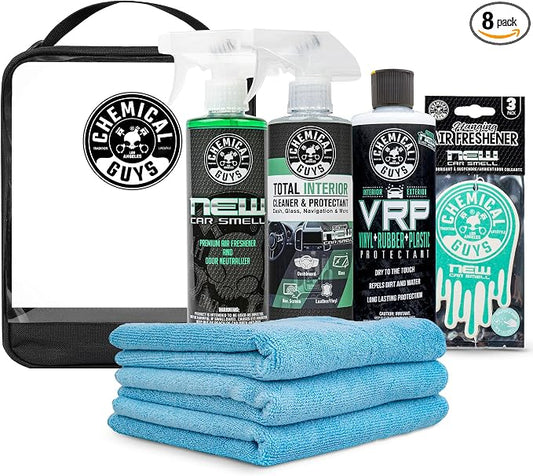 Chemical Guys New Car Scent Detailing Kit with Storage Bag, Air Freshener Spray, Interior Cleaner, Microfiber Towels, and Hanging Air Fresheners, Giftable Car Care Set
