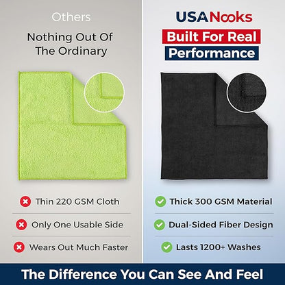 USANOOKS Premium 300GSM Microfiber Cleaning Cloth - 12.5"x12.5" High Performance - 1200 Washes, Ultra Absorbent Microfiber Towels for Cars Undercarriage, Rims & Engine Bay Cleaning - Microfiber Cloth