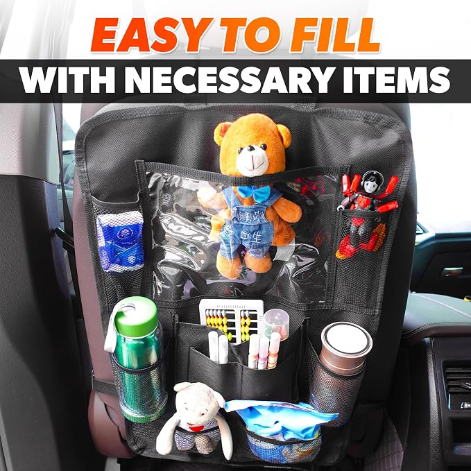 2 Pcs Backseat Car Organizer - Travel-Ready 23.4x16" Back Seat Car Organizer with 9 Large Pockets & Clear Tablet Holder, Made of Reliable Polyester with Long and Strong Straps - Easy to Attach & Clean