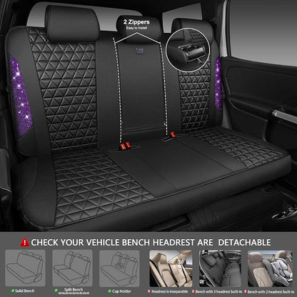 CAR PASS Bling Diamond Leather Car Seat Covers Full Seats Interior Sets, Waterproof Shining Glitter Sparkly Crystal Universal Armrest Fit Automotive Truck SUV Cute Women Girl, Black Purple Rhinestone