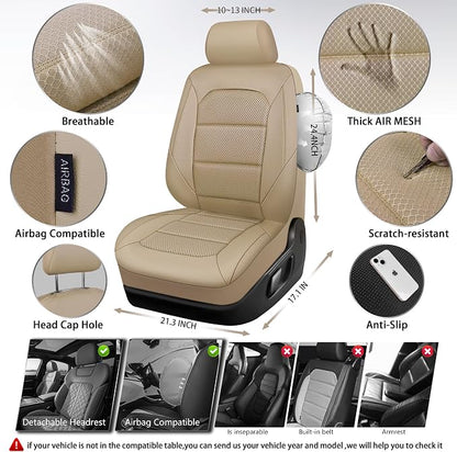 CAR PASS Memory Foam Car Seat Covers,Air Cool Mesh Thick Seat Covers Front Seats,Beige Leather Seat Cover for Car,Universal Automotive Comfort for Most Cars,SUV,Trucks,Airbag Compatible,All Beige