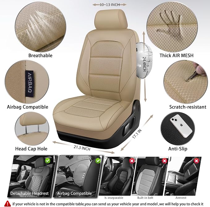 CAR PASS Memory 3D Foam Car Seat Covers Full Set, Breathable Mesh Thick Seat Covers for Cars,Beige Leather Seat Covers,Airbag Compatible Universal Automotive Comfort for SUVs Trucks SUV, All Beige
