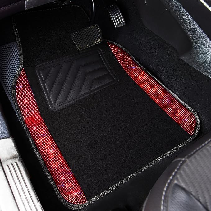 CAR PASS Rhinestone Red Bling Diamond Car Seat Covers Leather Black & Shining Car Floor mats Carpet with Anti-Slip Nibs& Bling Diamond Car Accessories Sets Glitter Sparkly Universal fit for 95% car