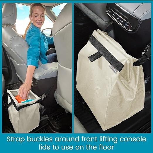 High Road TrashStash Hanging Car Garbage Bag with Push-Close Lid and Waterproof Bin for Cars, SUVs and Trucks - Holds 3 Gallons of Car Trash, Tan
