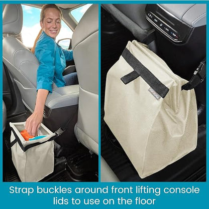High Road TrashStash Hanging Car Garbage Bag with Push-Close Lid and Waterproof Bin for Cars, SUVs and Trucks - Holds 3 Gallons of Car Trash, Tan