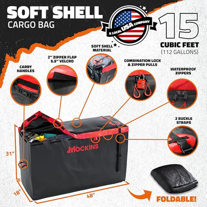Mockins 15 Cu Ft Trailer Hitch Cargo Carrier Bag with 4 Packing Cubes | 48"x18"x31" Waterproof Cargo Bag for Hitch Carrier & Truck Bed Storage | Vehicle Soft-Shell Carriers w/ Cubes, Straps & Lock