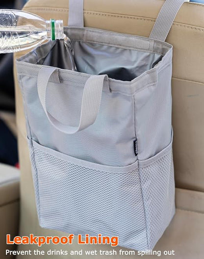 Ginsco New Leak-Proof Travel Trash Bag, Hanging Car Trash Can with Hook and Loop Lid and Handle, Multipurpose Trash Bin with Storage Pockets for Car SUV Truck RV Camping 2 Gallons (Atomic Silver)