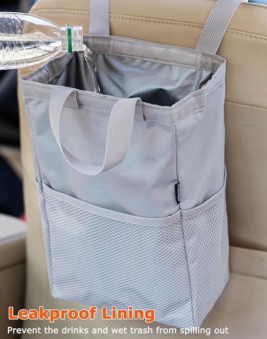 Ginsco New Leak-Proof Travel Trash Bag, Hanging Car Trash Can with Hook and Loop Lid and Handle, Multipurpose Trash Bin with Storage Pockets for Car SUV Truck RV Camping 2 Gallons (Atomic Silver)