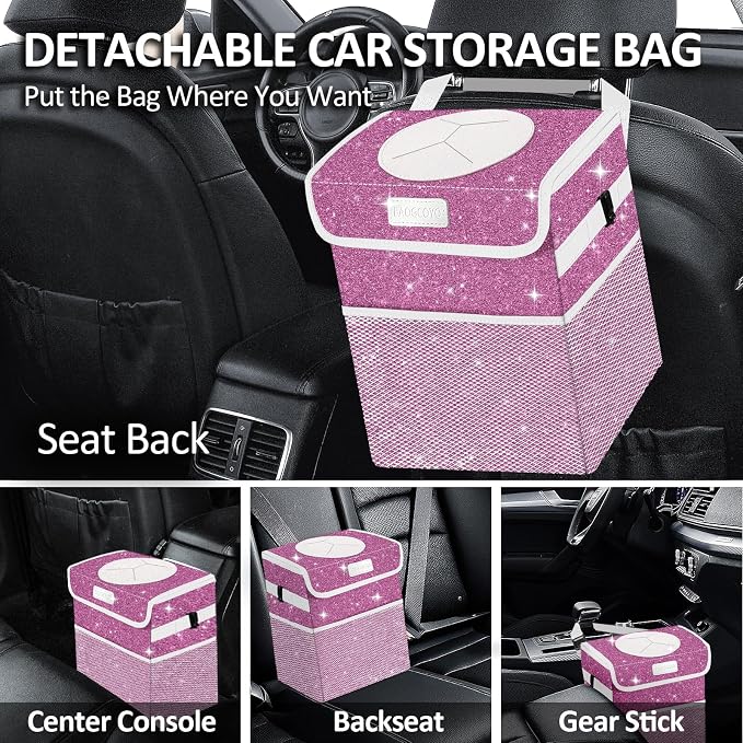 Cute Mini Car Trash Bag with Lid, Glitter Garbage Can Bin Hanging for Back/Front Seat/Console, Waterproof, Leakproof, 2.5 Gallon, Purple Bling Sparkly
